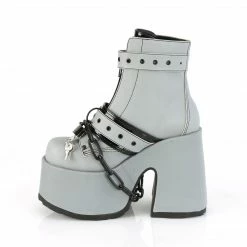 DEMONIA Camel-205 Grey Reflective Chains Lock & Key Goth Chunky Heel Ankle Boots Heels