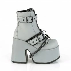 DEMONIA Camel-205 Grey Reflective Chains Lock & Key Goth Chunky Heel Ankle Boots Heels