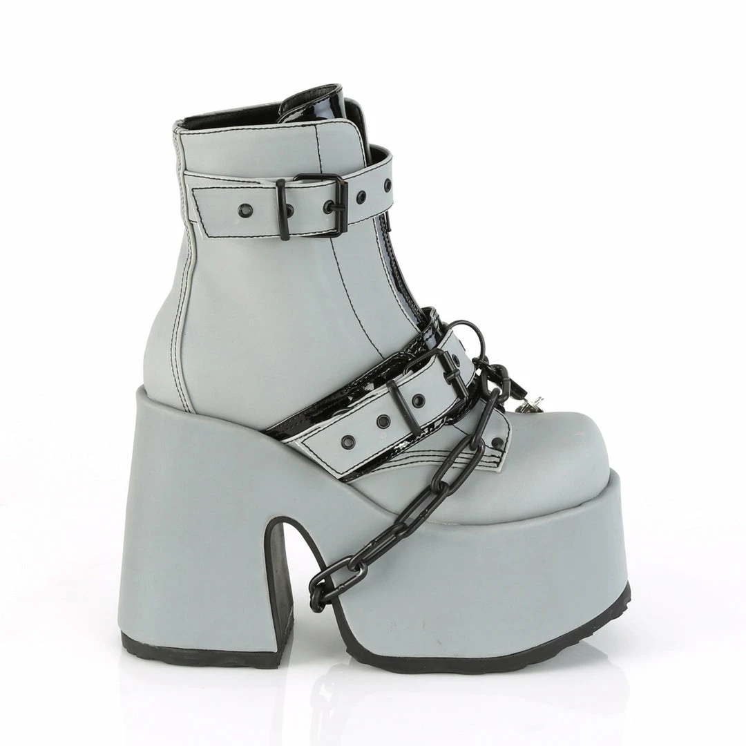 DEMONIA Camel-205 Grey Reflective Chains Lock & Key Goth Chunky Heel Ankle Boots Heels