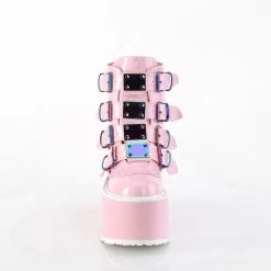 DEMONIA Damned-105 Pink Hologram 4 Straps Metal Buckles Goth Kawaii Ankle Boots