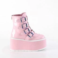 DEMONIA Damned-105 Pink Hologram 4 Straps Metal Buckles Goth Kawaii Ankle Boots