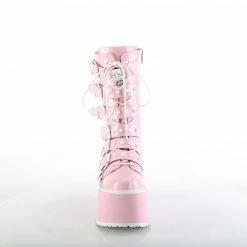 DEMONIA Damned-225 Pink Hologram Patent Goth Spikes Buckles Platform Calf Boots