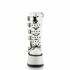 DEMONIA Damned-225 White Vegan Leather Goth Spikes Buckles Platform Calf Boots