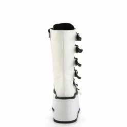 DEMONIA Damned-225 White Vegan Leather Goth Spikes Buckles Platform Calf Boots