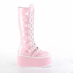 DEMONIA Damned-318 Pink Hologram Goth Spike Buckles Platform Knee Boots