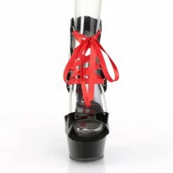 PLEASER Delight-600-14FH Black Red Corset Lace Up Ankle Cuff Bootie Sandal Heels