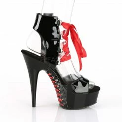 PLEASER Delight-600-14FH Black Red Corset Lace Up Ankle Cuff Bootie Sandal Heels