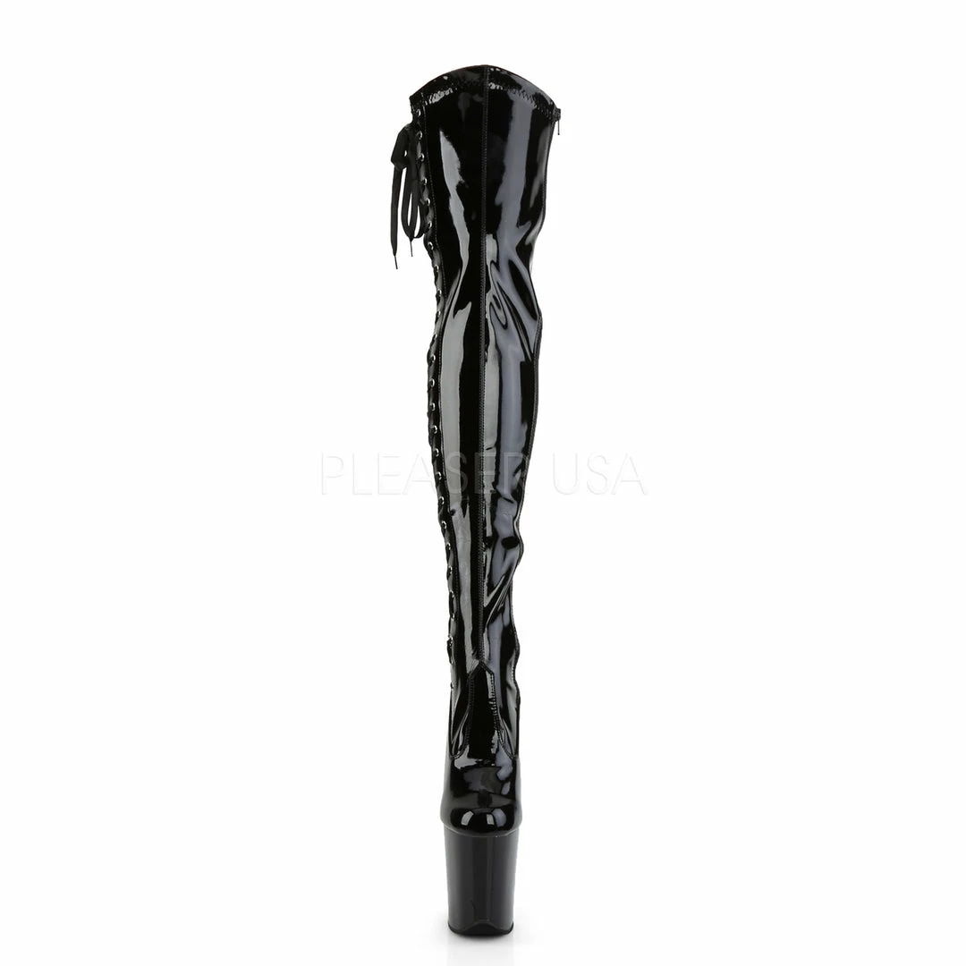 PLEASER Flamingo-3050 Black Lace Up Sides Dancer Stripper 8" Heels Thigh Boots