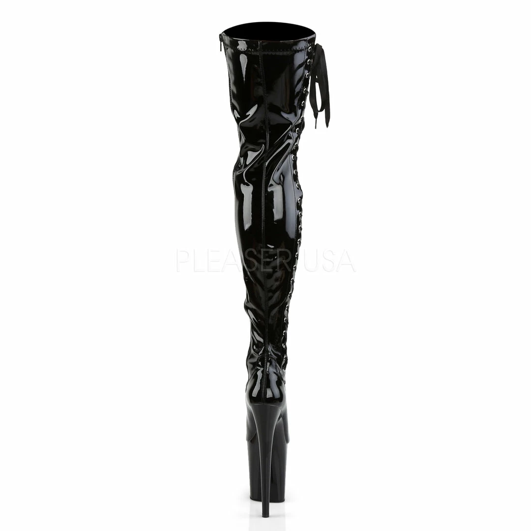 PLEASER Flamingo-3050 Black Lace Up Sides Dancer Stripper 8" Heels Thigh Boots