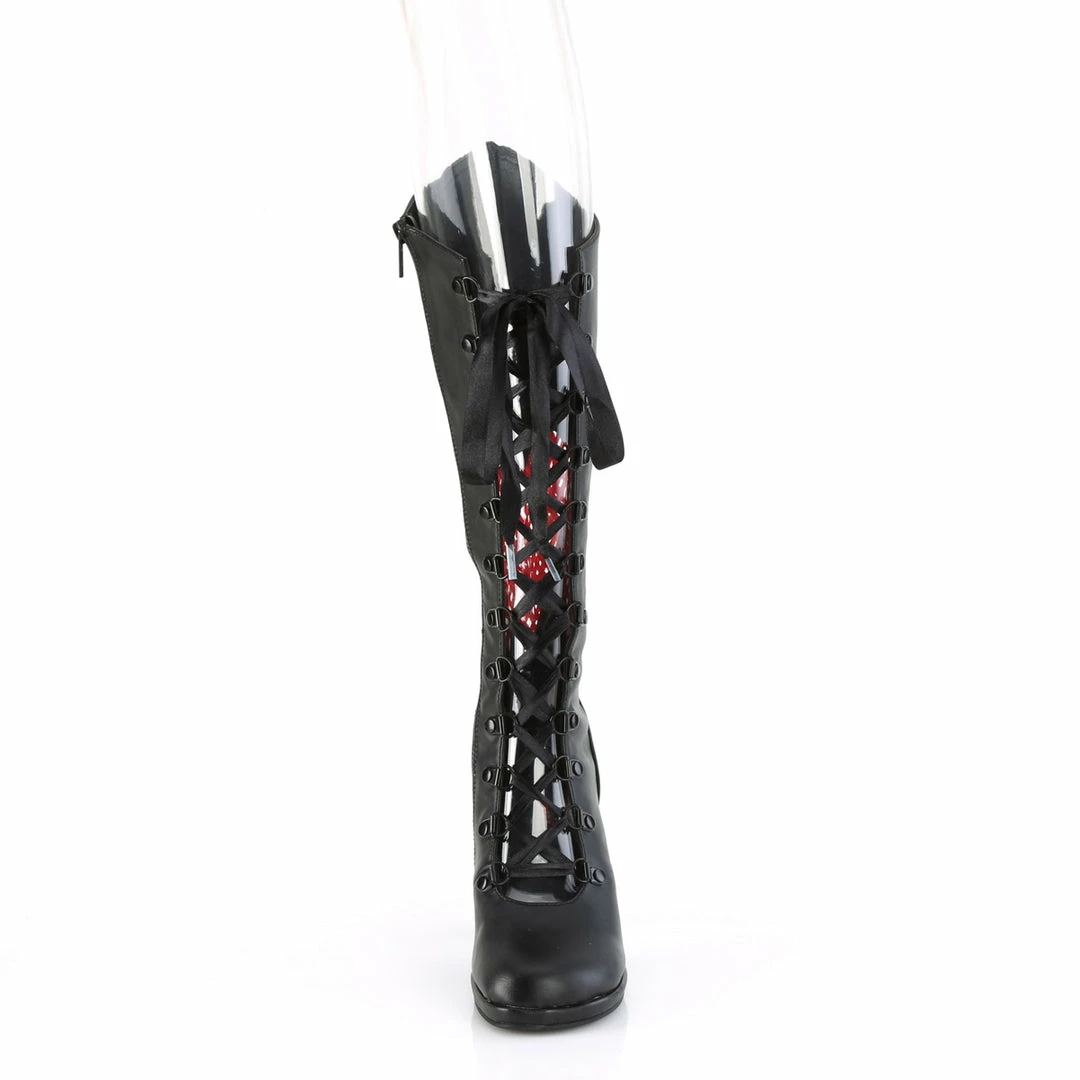 DEMONIA Glam-243 Black Red Satin Heart Lattice Cute Goth 3.75" Heel Knee Boots