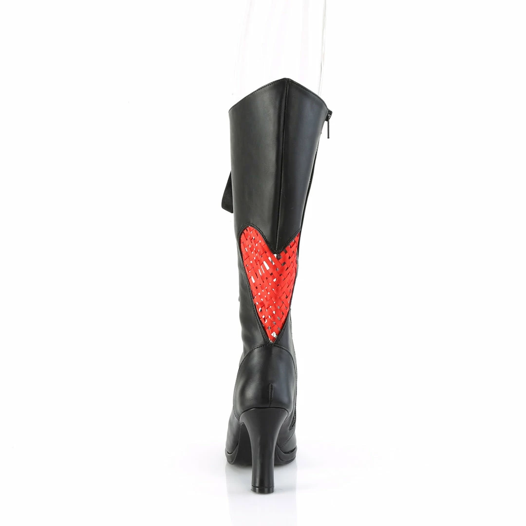 DEMONIA Glam-243 Black Red Satin Heart Lattice Cute Goth 3.75" Heel Knee Boots