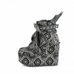 DEMONIA Poison-107 Black Silver Faux Nubuck Batwing Cross Pentagram Skull Boots Heels