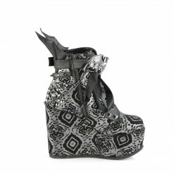 DEMONIA Poison-107 Black Silver Faux Nubuck Batwing Cross Pentagram Skull Boots Heels