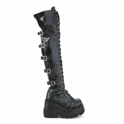 DEMONIA Shaker-350 Black Vegan Leather Goth Platforms Wedges Thigh Boots