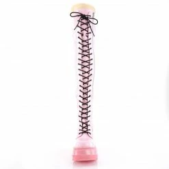 DEMONIA Shaker-374-1 Pink Hologram Lace Up Zipper Detail Goth Thigh Boots