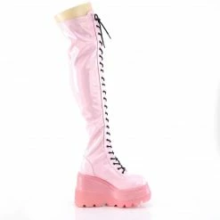 DEMONIA Shaker-374-1 Pink Hologram Lace Up Zipper Detail Goth Thigh Boots