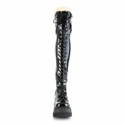 DEMONIA Shaker-374 Black Patent Lace Up Zipper Detail Goth Thigh Boots