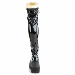 DEMONIA Shaker-374 Black Patent Lace Up Zipper Detail Goth Thigh Boots