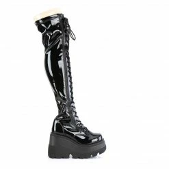 DEMONIA Shaker-374 Black Patent Lace Up Zipper Detail Goth Thigh Boots
