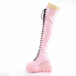 DEMONIA Shaker-374 Pink Hologram Lace Up Zipper Detail Goth Thigh Boots