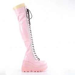 DEMONIA Shaker-374 Pink Hologram Lace Up Zipper Detail Goth Thigh Boots