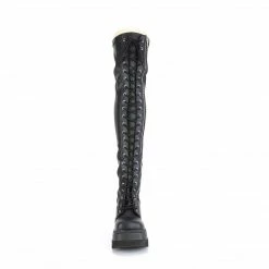 DEMONIA Shaker-374 Black Vegan Leather Lace Up Zipper Detail Goth Thigh Boots