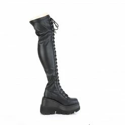 DEMONIA Shaker-374 Black Vegan Leather Lace Up Zipper Detail Goth Thigh Boots