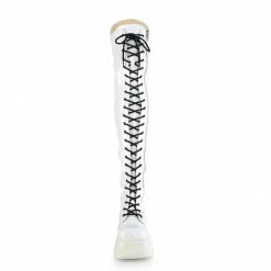 DEMONIA Shaker-374 White Hologram Lace Up Zipper Detail Goth Thigh Boots
