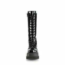 DEMONIA Shaker-72 Black Patent Goth Platforms Wedges Mid Calf Knee Boots