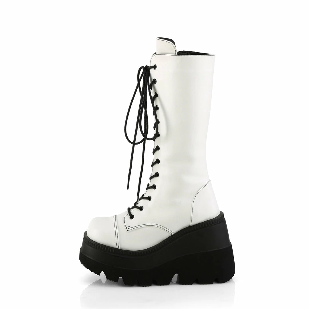 DEMONIA Shaker-72 White Vegan Leather Goth Platforms Wedges Mid Calf Knee Boots