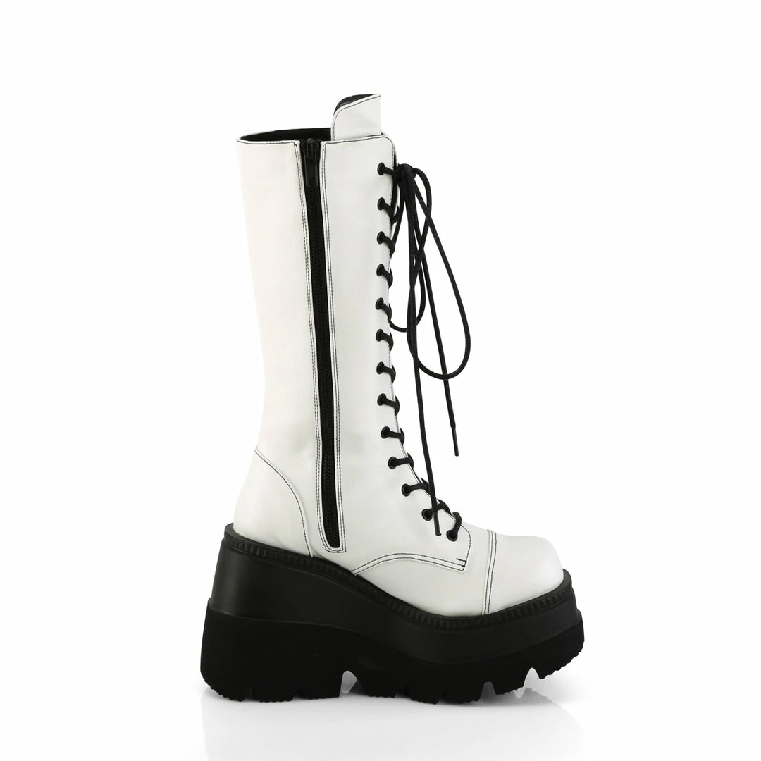 DEMONIA Shaker-72 White Vegan Leather Goth Platforms Wedges Mid Calf Knee Boots