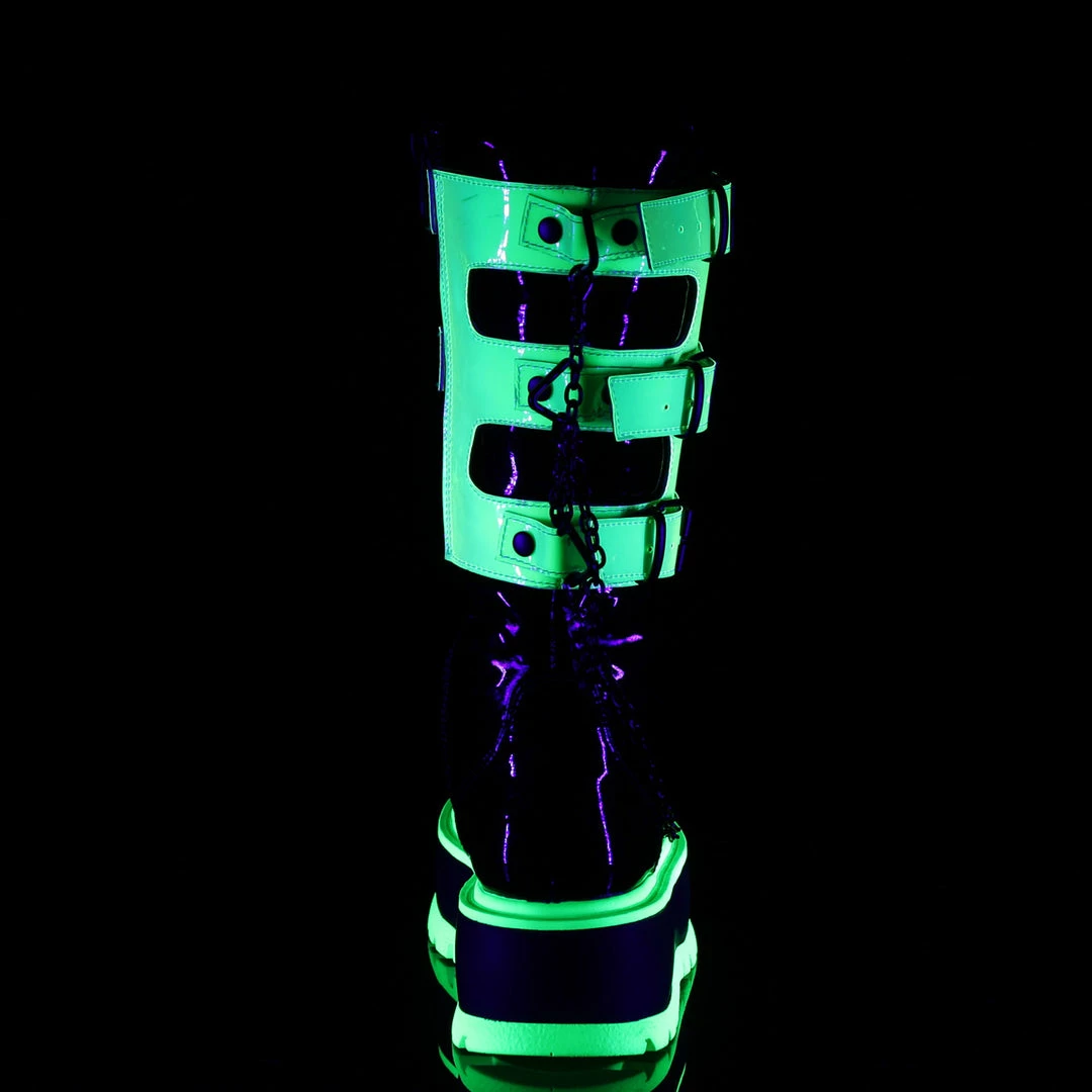 DEMONIA Slacker-156 Black UV Neon Green Chain Harness Goth Rave Festival Boots