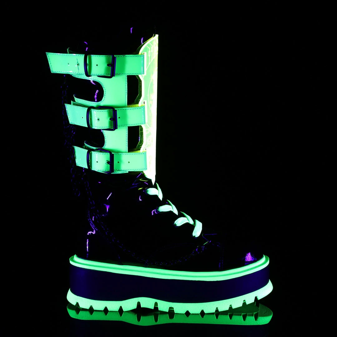 DEMONIA Slacker-156 Black UV Neon Green Chain Harness Goth Rave Festival Boots