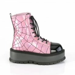 DEMONIA Slacker-88 Pink Hologram Embroidered Spider Web Goth Platform Ankle Boot Boots