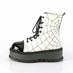 DEMONIA Slacker-88 White Glow Embroidered Spider Web Goth Rave Club Ankle Boots