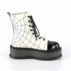 DEMONIA Slacker-88 White Glow Embroidered Spider Web Goth Rave Club Ankle Boots