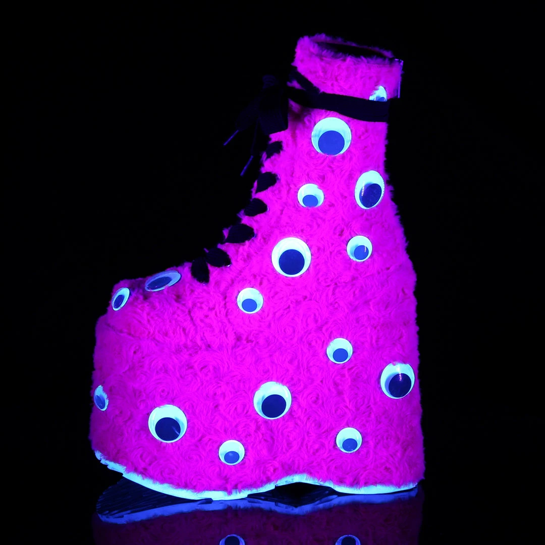 DEMONIA Slay-206 Pink Faux Fur Googly Eyes Funky 7" Platform Ankle Boots