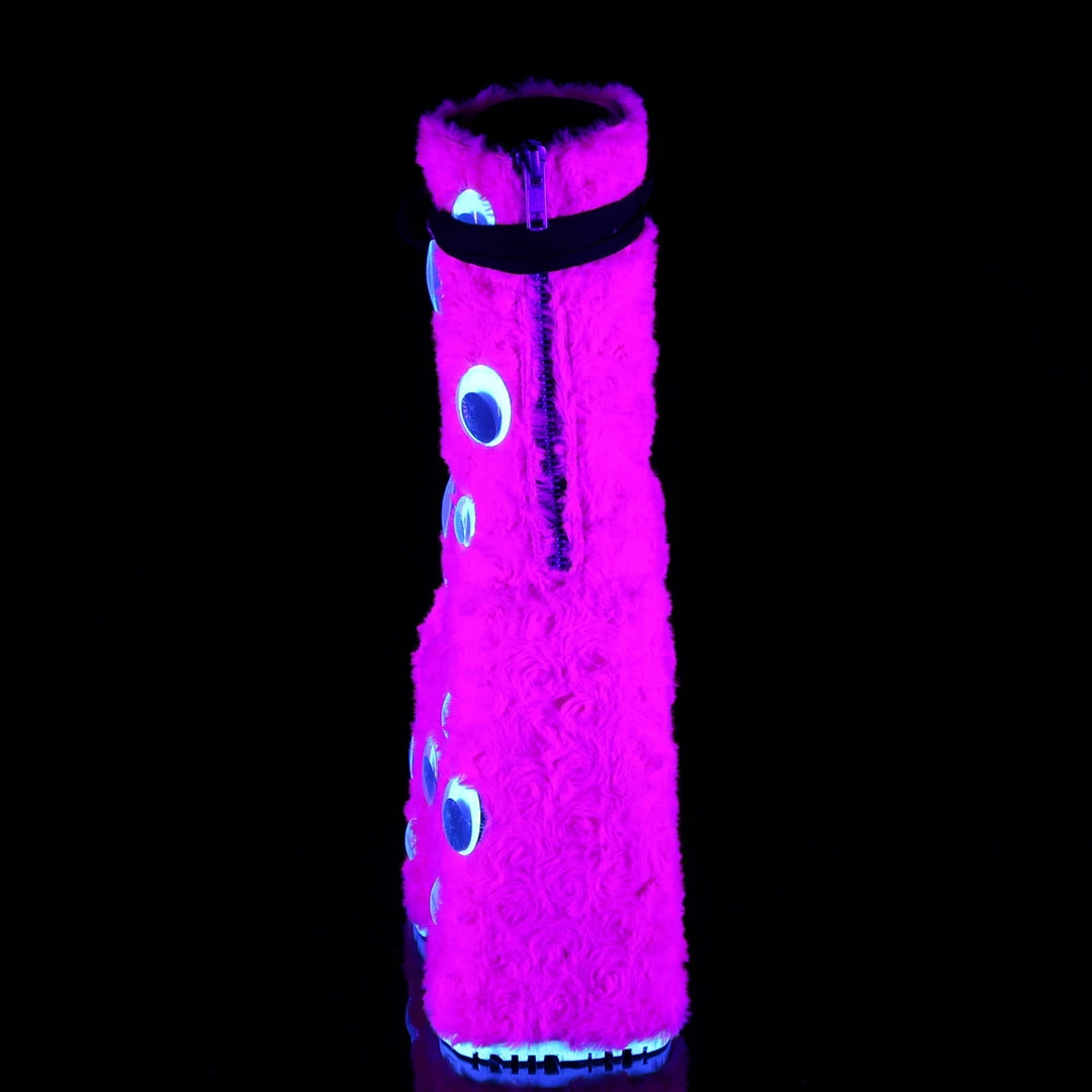 DEMONIA Slay-206 Pink Faux Fur Googly Eyes Funky 7" Platform Ankle Boots