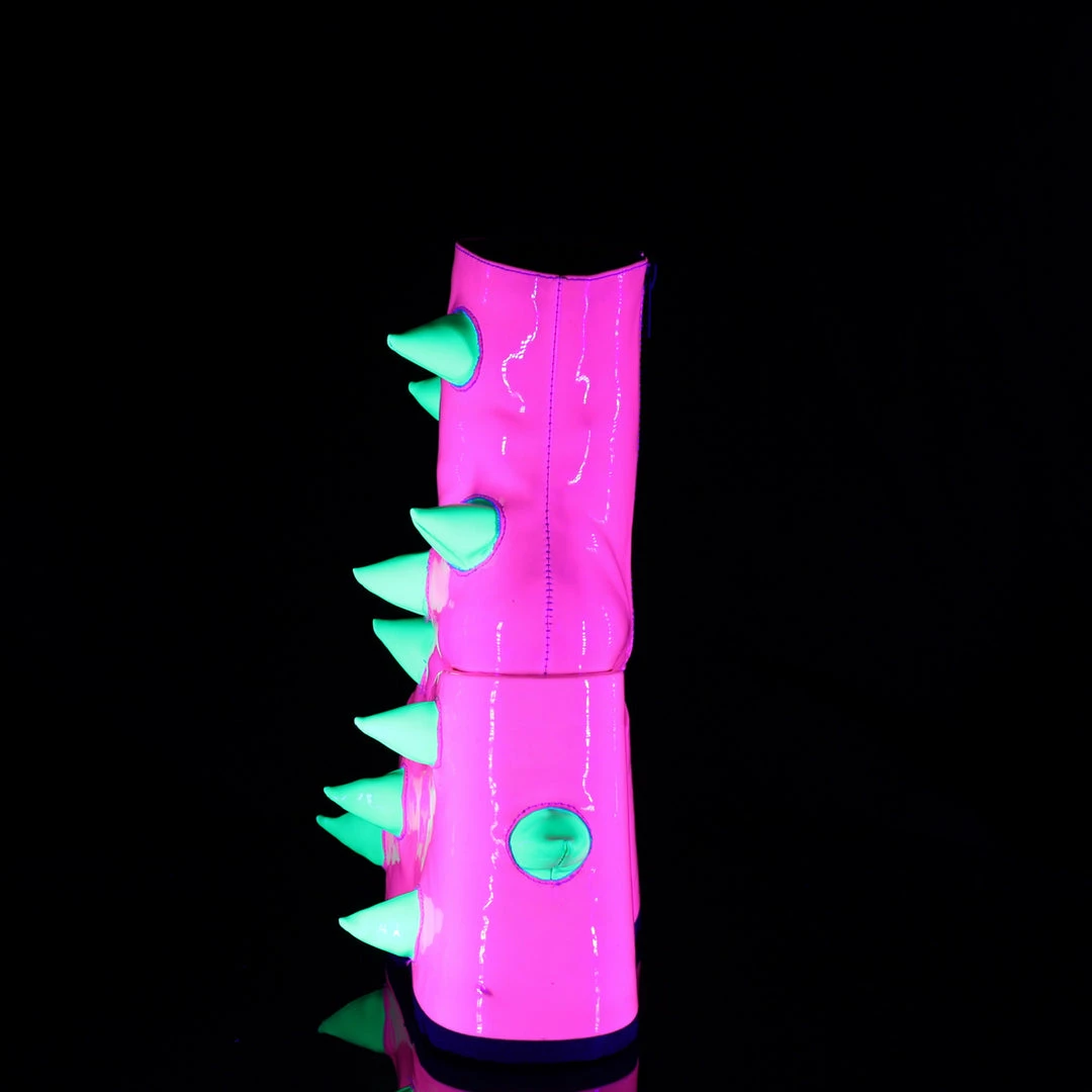 DEMONIA Slay-77 UV Neon Pink Green Puffed Horns Spikes 7" Platform Ankle Boots