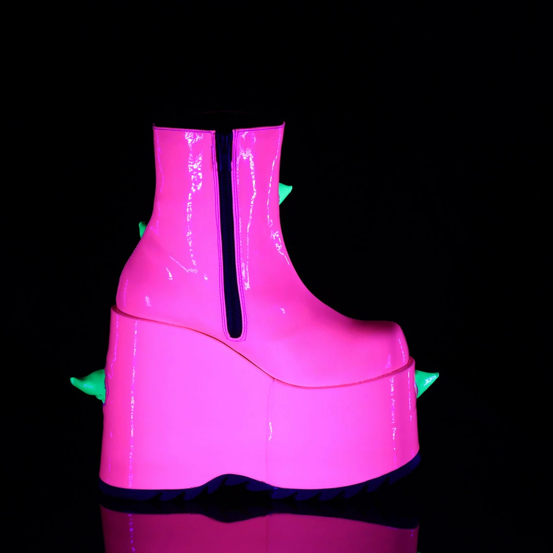 DEMONIA Slay-77 UV Neon Pink Green Puffed Horns Spikes 7" Platform Ankle Boots