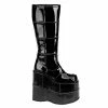 DEMONIA Stack-301 Black Patent Men's Unisex Goth Cyber Patching 7" Boots