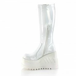 DEMONIA Stomp-200 Women's White Hologram Goth Wedge Platform Knee Boots