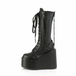 DEMONIA Swing-150 Black Vegan Leather Goth Removeable Chain Wedge Knee Boots