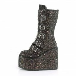 DEMONIA Swing-230G Black Glitter Heart Plates Festival Club Platform Boots