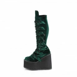 DEMONIA Swing-815 Emerald Velvet Goth Cyber Metal Plate Buckle Platform Boots