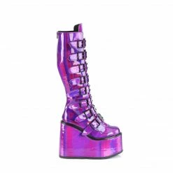 DEMONIA Swing-815 Purple Holograhpic Goth Cyber Metal Plate Buckle Platform Boots