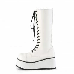 Mens/Unisex DEMONIA Trashville-502 Mens White Unisex Goth 17 Eyelet Platform Knee Boots