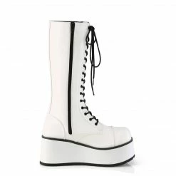 Mens/Unisex DEMONIA Trashville-502 Mens White Unisex Goth 17 Eyelet Platform Knee Boots