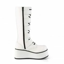 DEMONIA Trashville-518 Mens White Vegan Leather Unisex Goth 5 Buckle Knee Boots