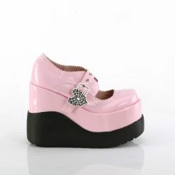 DEMONIA Void-38 Pink Patent Heart Spiderweb Goth Mary Jane Wedge Platform